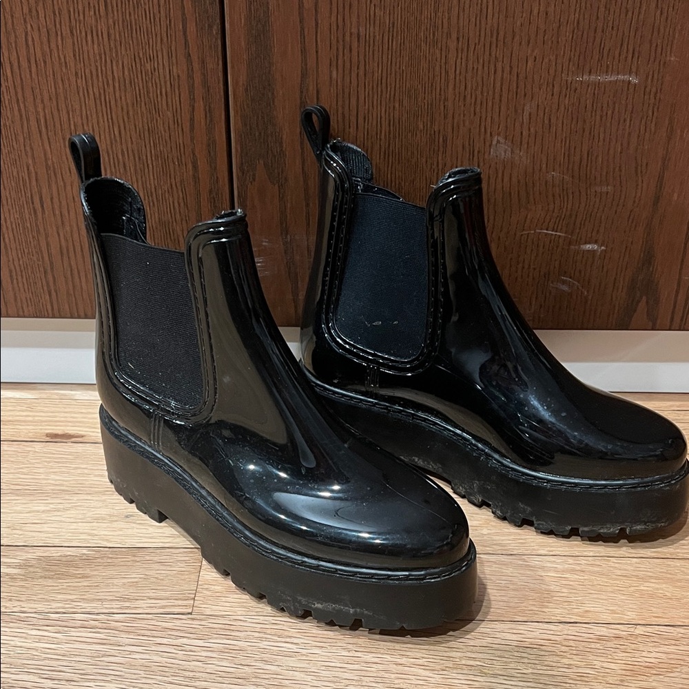 Glossy Black Platform Rubber Rain Boots 39